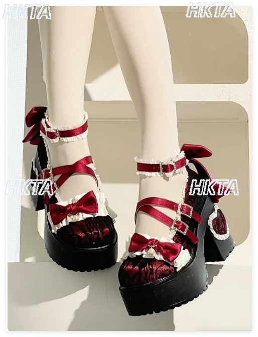 Japanese New Kawaii Lolita Square Heel Lace Bow Tower Buckle Elegant Mary Jane Shoes Sweet Lo Black Shoes Mid Heel Pumps Women