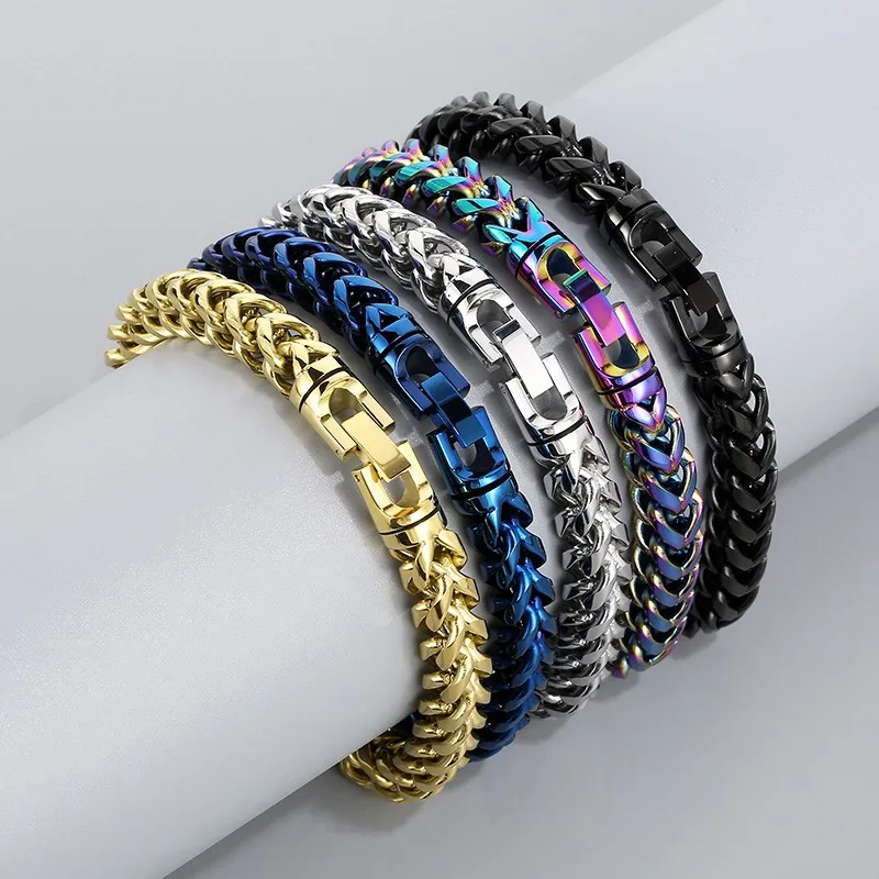 Rainbow Bbracelet 10mm Hip Hop Herringbone Chain Bracelet for Men Rock 316L Stainless Steel Multicolour Motorcycle Party Jewelry