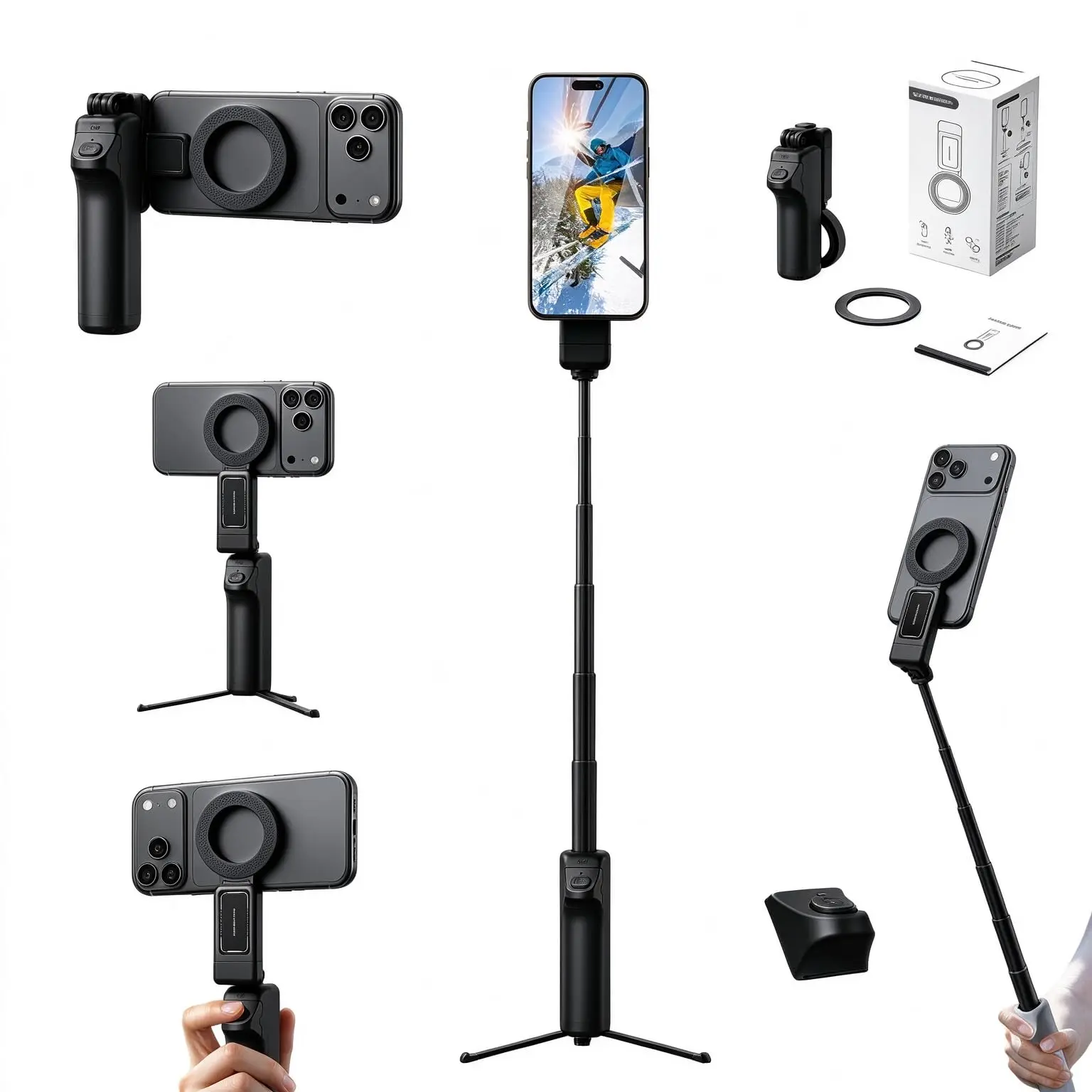 3-in-1 Wireless Magnetic Phone Holder HandGrip w Tripod+Sefile Stick+Remote 360°Rotatable Shoting for iPhone Android Travel Vlog