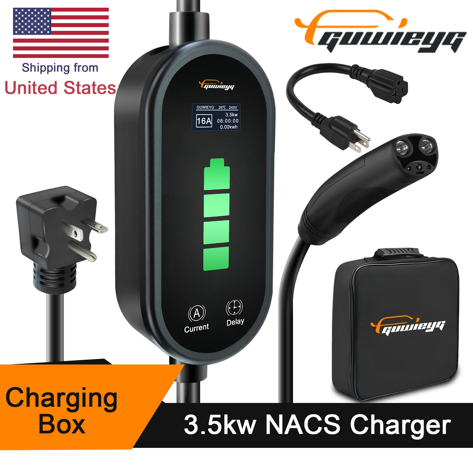 GUWIEYG for Tesla  Portable Charger Max 16A 110-240V Level 1 & 2 NACS Charger with NEMA 6-20 5-15 Plug, 25FT Portable EV Charger