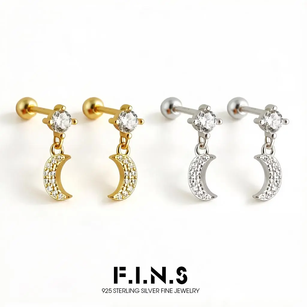 F.I.N.S 925 Sterling Silver White Zircon Moon Piercing Earrings For Women Puncture Screw-Back Catilage Party Wedding Jewelry