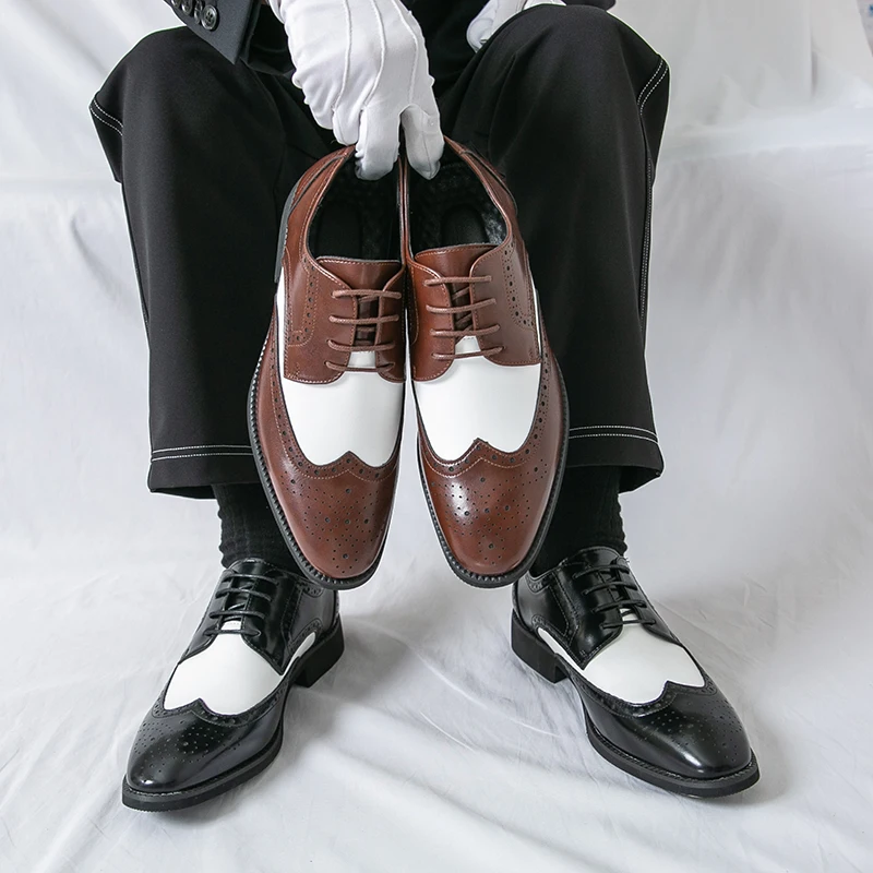 

Luxurious Men Business Brock Leather Shoes Black Brown Lace-up Business Fashion Small Leather Shoes for Gentlemen Men Size 38-46