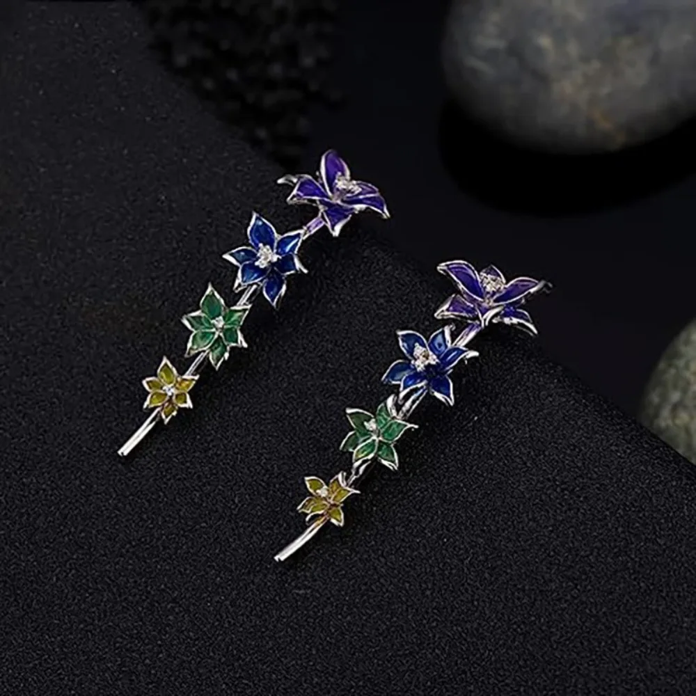 Sweet Exquisite Colored Drip Glaze Zircon Flower Blooming Lily Morning Glory Dangle Earrings for Women Stainless Steel Jewelry