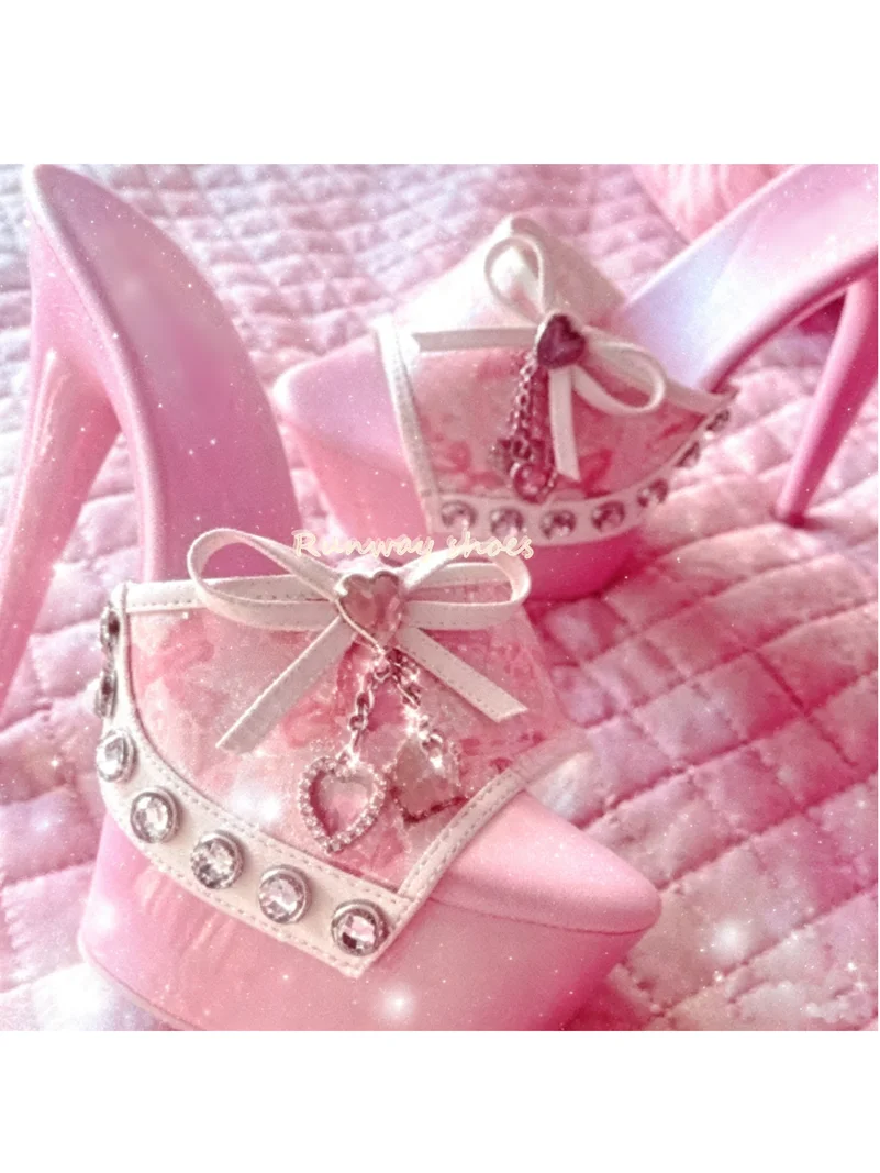 Round Head Open Toes Super High Waterproof Platform Rhinestones Decorative Stilettos Luxurious Slippers Dream Pink Fabric Bow
