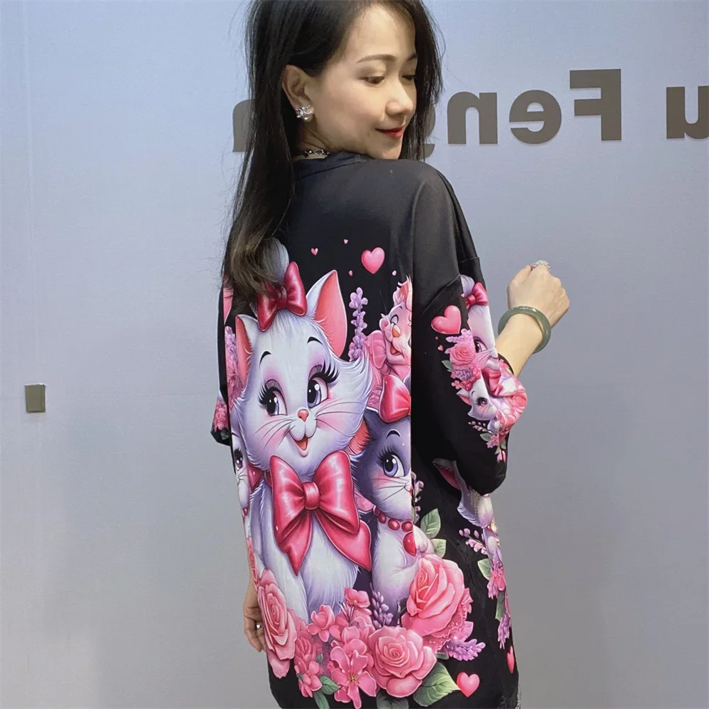 Camiseta de manga corta con cuello redondo para mujer, Tops de verano con estampado de gato, camiseta informal de moda con cuentas de media manga, camiseta de gran tamaño, ropa Kawaii