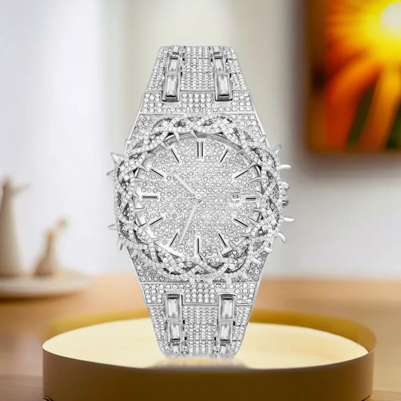 PINTIME Thorn Crown Quartz Watches Fashion Hip Hop Iced Wristwatch Man Drops Luxury Business Quartz Gentlemen's Timepiecs
