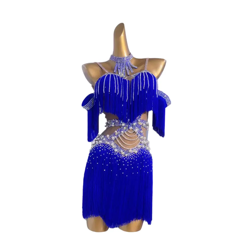 Latin Dance International Stage Diamond Women's High end Customized Blue Dress with Pearl Set American Samba Performance Dress