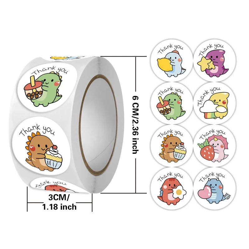 

Dinosaur Thank You Stickers, 500Pcs/Roll Self-Adhesive Round Gift Seal Labels for Wrapping, Packaging Tape for Envelopes