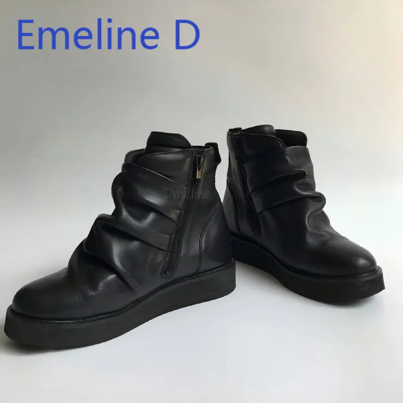 

Unisex Wrinkled Height Increasing Boots Black Minimalist Style Casual High Top Ankle Boots Round Toe Side Zipper Short Boots