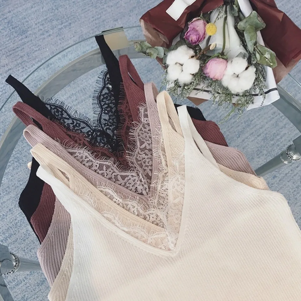 Fashion Solid Color Lace Trim Tank Casual Short V Neck Vest Slim Fit Sleeveless Camisole Summer