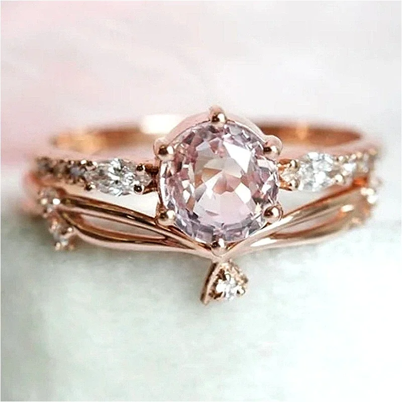 2pcs/set Elegant Romantic Pink Synthetic Zirconia Fine Promise Rings for Women Luxurious Temperament Wedding Anniversary Jewelry