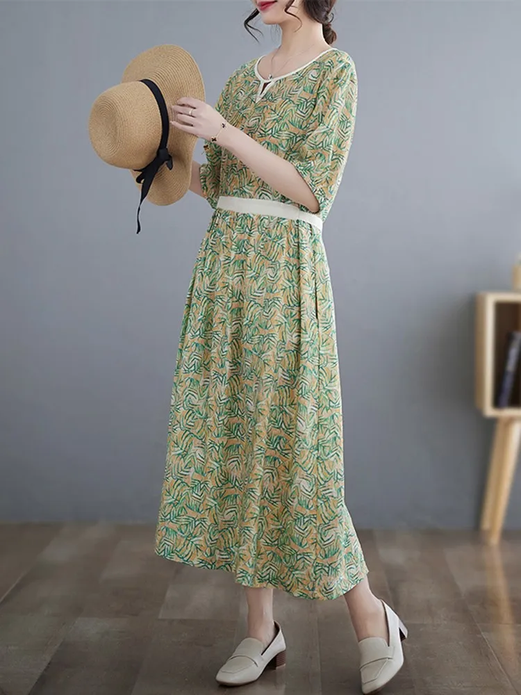 Women Casual Dresses New Arrival 2023 Summer Vintage Style O-neck Floral Print Loose Ladies Elegant A-line Long Dress B2266