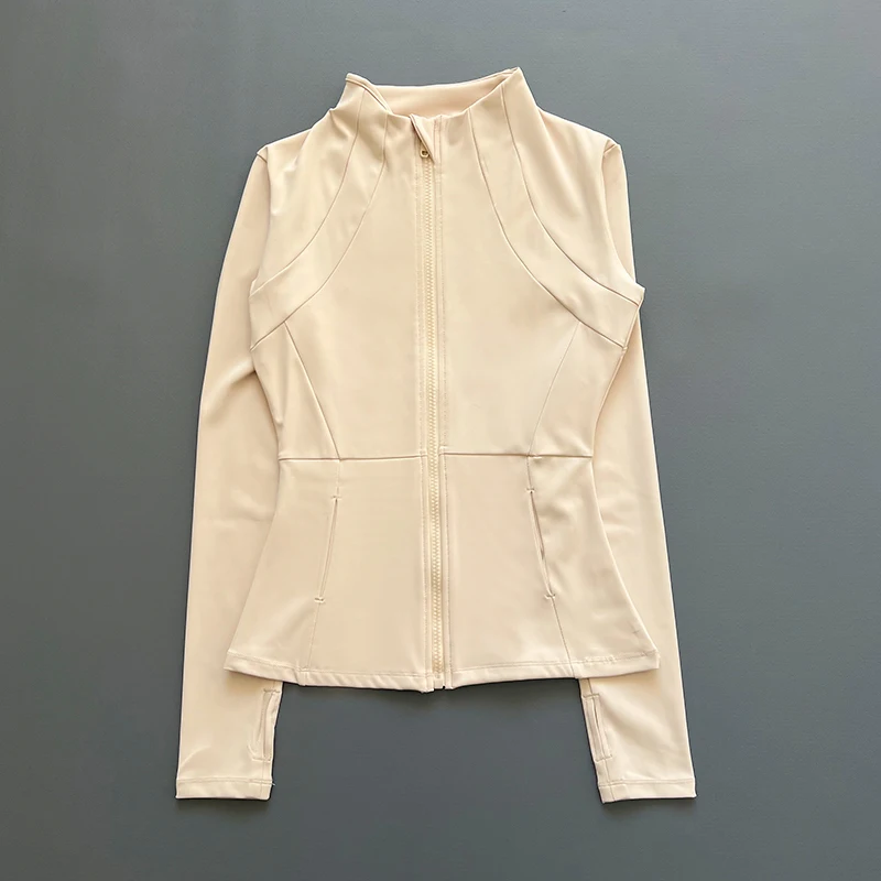 Women Zip Up Yoga Jacket Stand Collar Long Sleeve Slim Fit Sports Coat With Pockets Thumb Hole Fitness Running Activewear