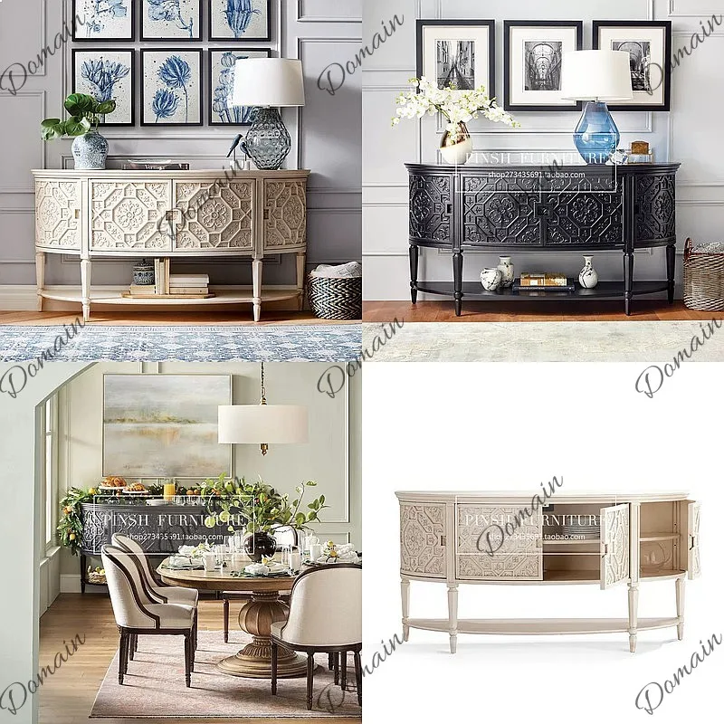 Rustic Farmhouse Solid Wood Hand-carved Semicircle Entryway Console Table Sideboard Wine Cabinet