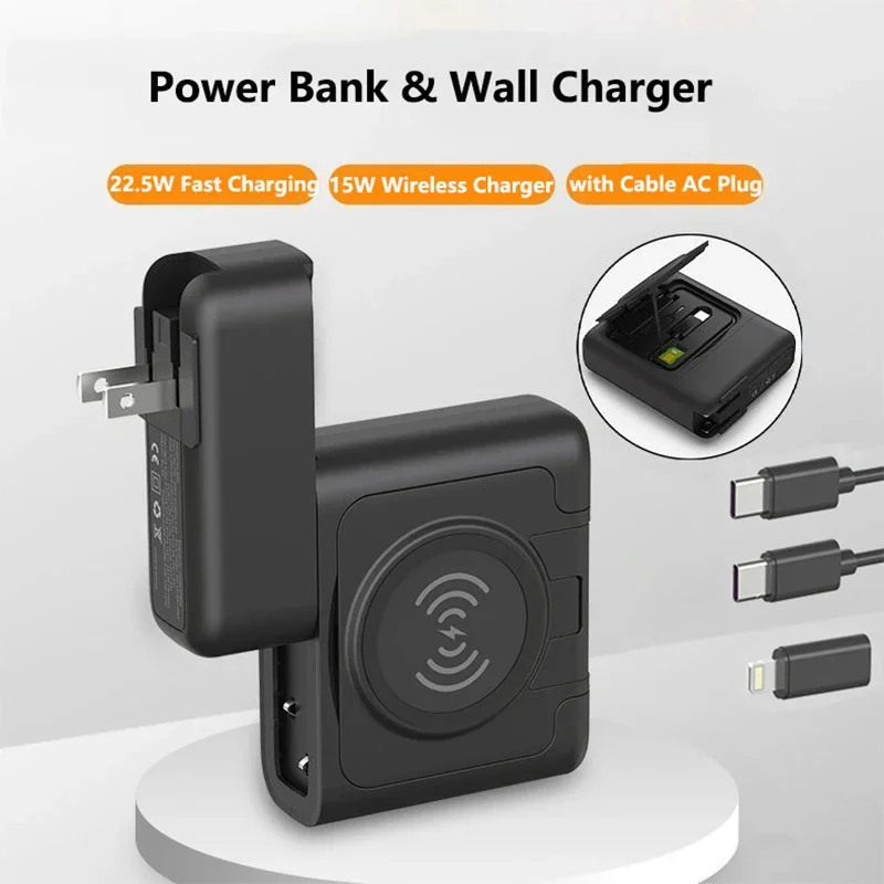 NEW 5 in 1 Wireless Power Bank 22.5W Fast Charging Powerbank with Cable AC Plug Wall Charger for IPhone Huawei Xiaomi Poverbank