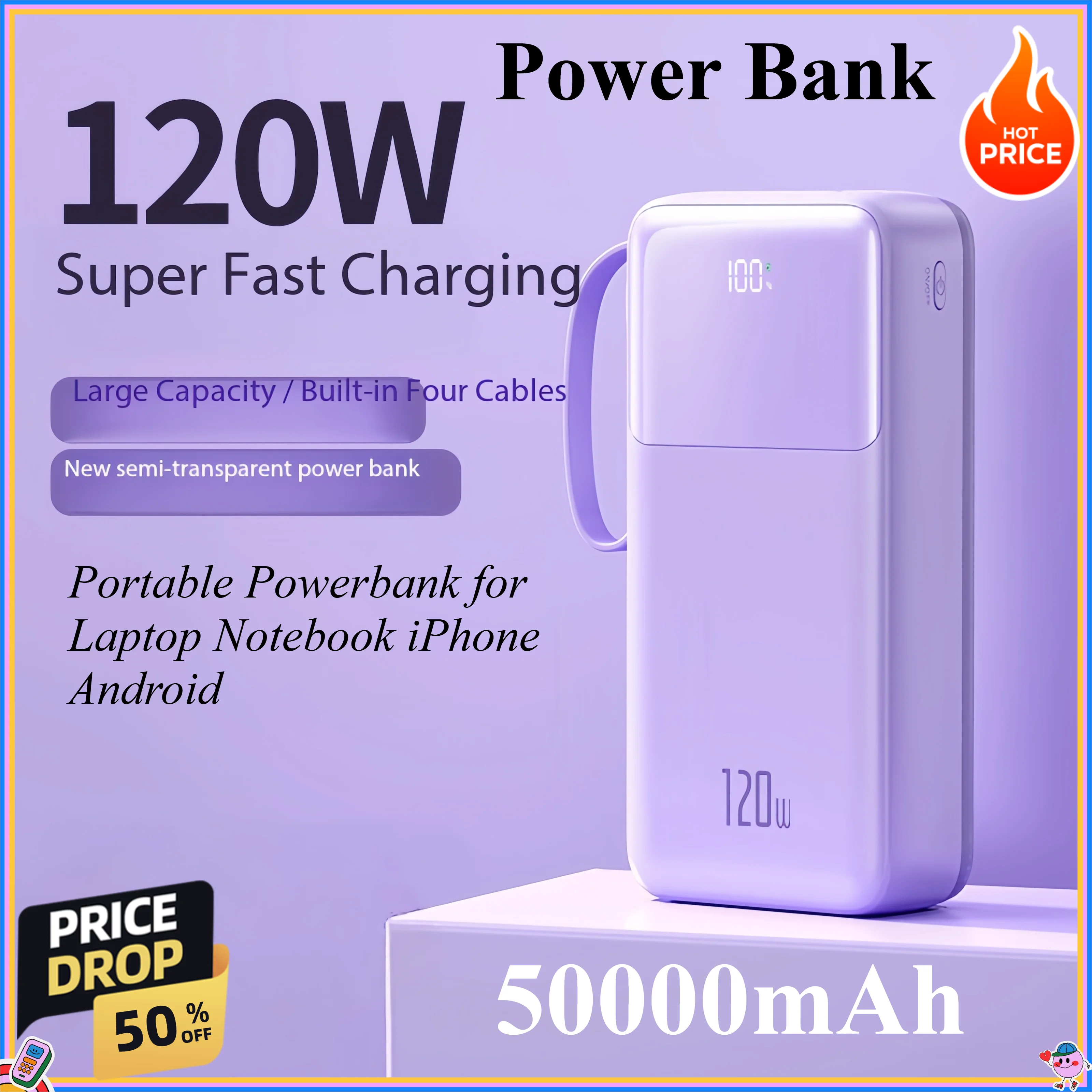 120W 50000mAh Power Bank With Fast Charging Cable Portable Powerbank for Laptop Notebook iPhone External Battery