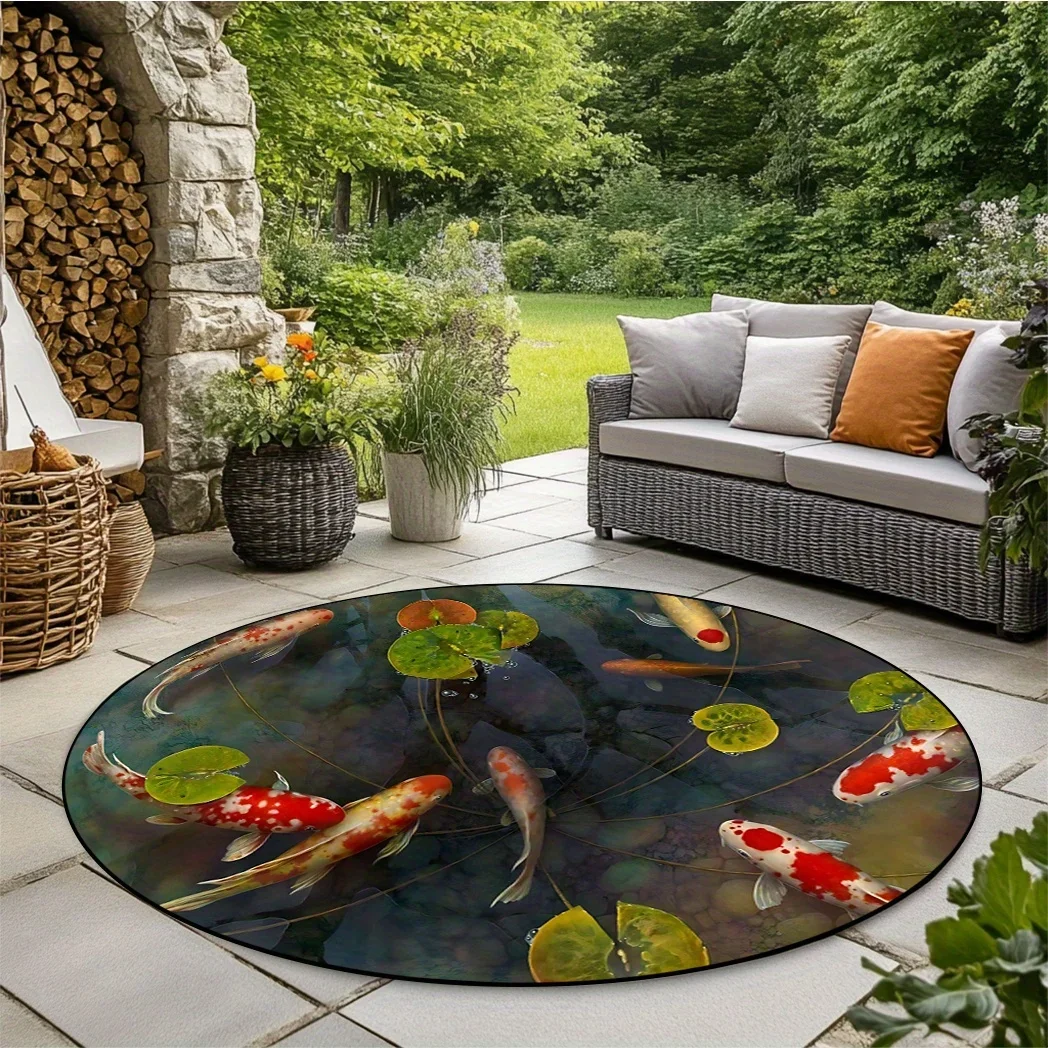1pc 3D Koi Fish Pattern Round Rug, Non-slip Floor Mat for Living Room, Bedroom, Bathroom, Holiday Home Decoration
