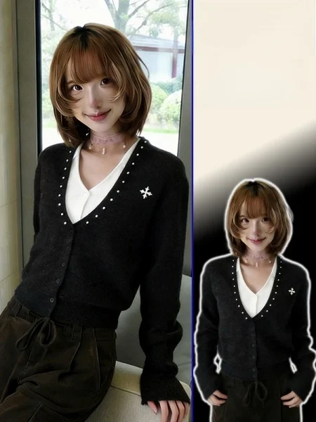 

plus Size Korean Sle Splice Knitted Sweater Coat Women's Long Sve V-Ne Pearl Embellied Open Cardigan Spring Faion