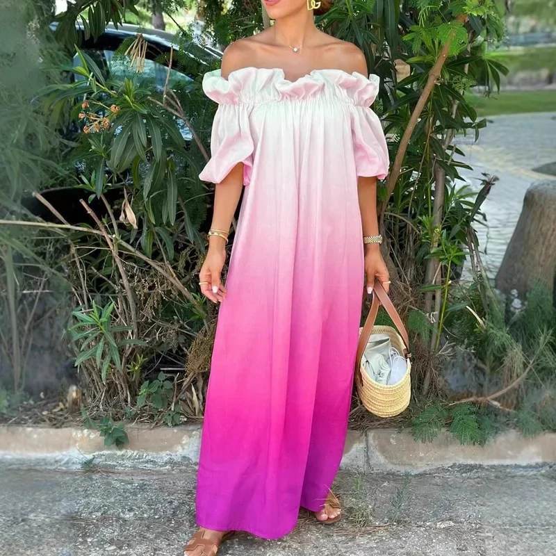 2026 Loose Patchwork Ladies Dress Slash Neck Fashion Gradient Simple Maxi Dress Women Summer Puff Sleeve Elegant Party Dress