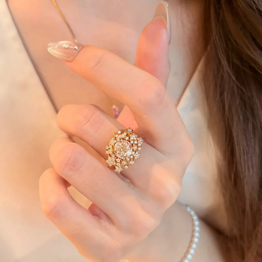 Foydjew Retro Exquisite Moon and Star Design Gold Color Rings Micro-inlay Cubic Zirconia Adjustable Open Ring For Women