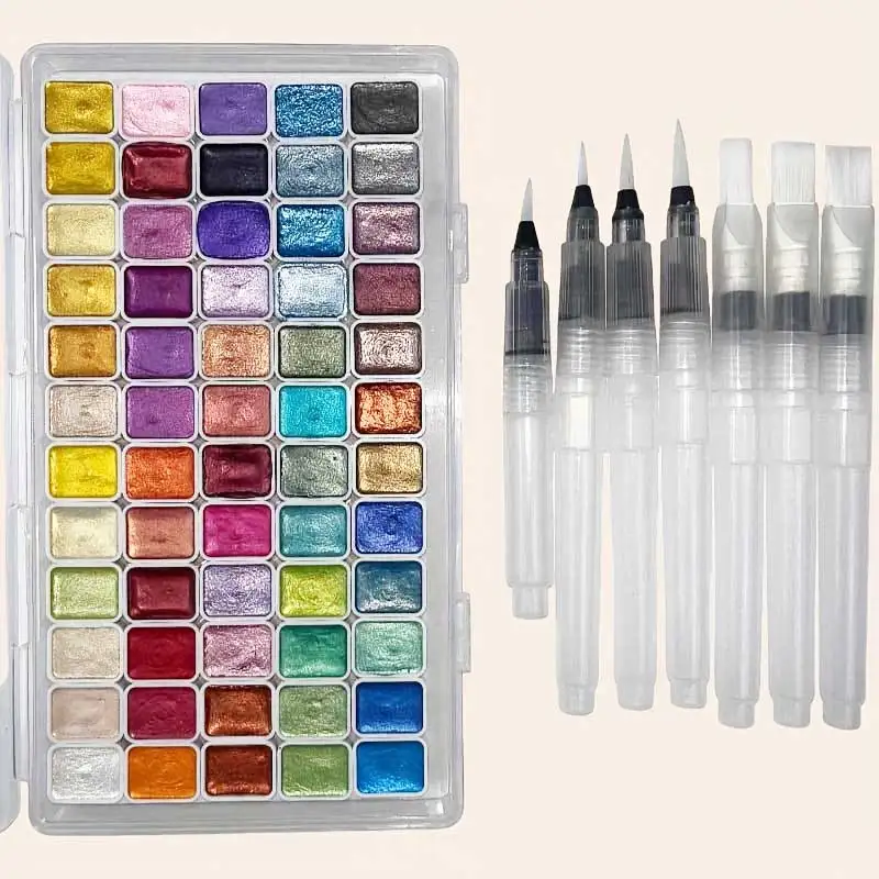 67/79 قطعة مجموعة ألوان مائية 60/72-لون معدني مجموعة ألوان مائية مع 7 قطعة فرشاة ألوان مائية صبغة صلبة طقم فني محمول #2