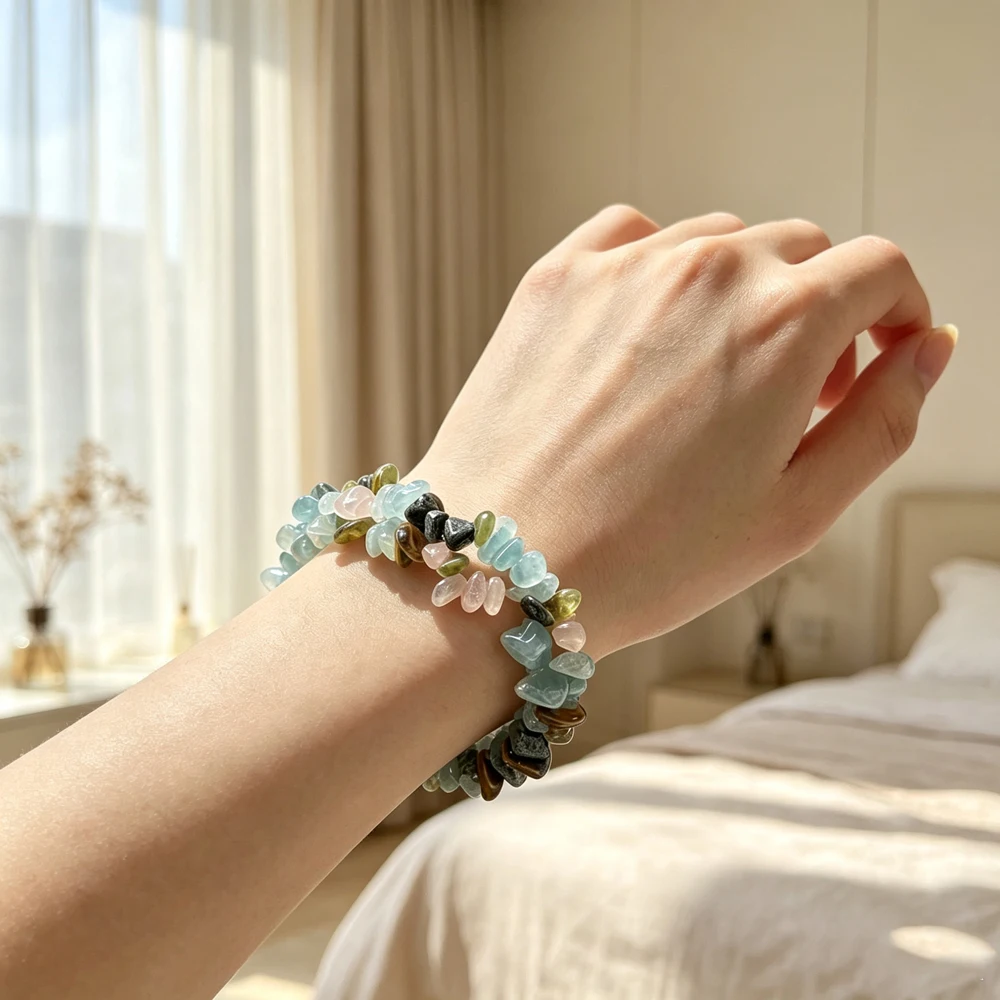 Double Row Natural Stone Mixed Quartz Crystal Gravel Lucky Chain Bracelet Women Irregular Chip Stone Amethyst Gem Stretch Bangle