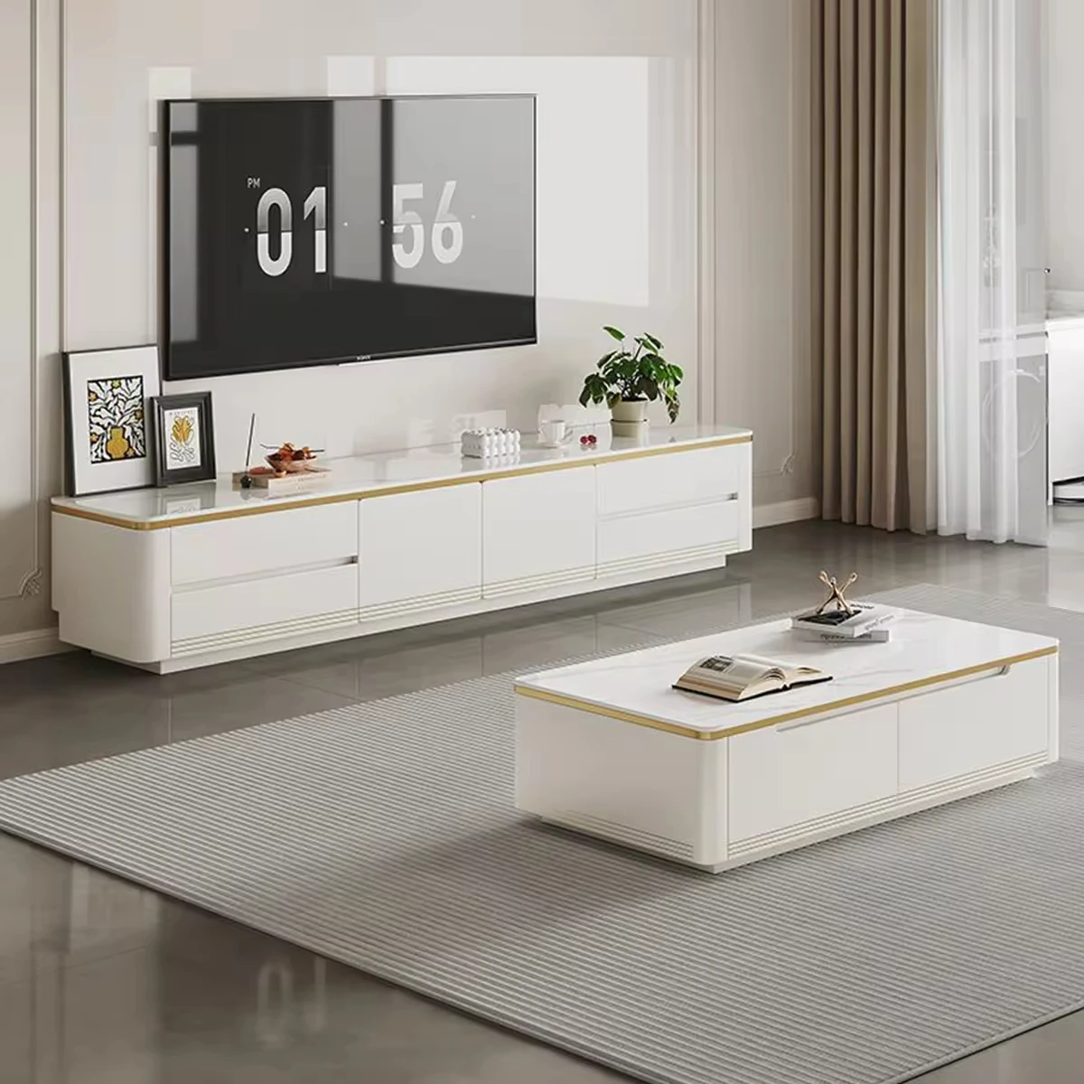 K*-Modern Luxury Sintered Stone Top TV Cabinet TV Stand and Coffee Table Set with Gold Trim and Storage Drawers for Living Room