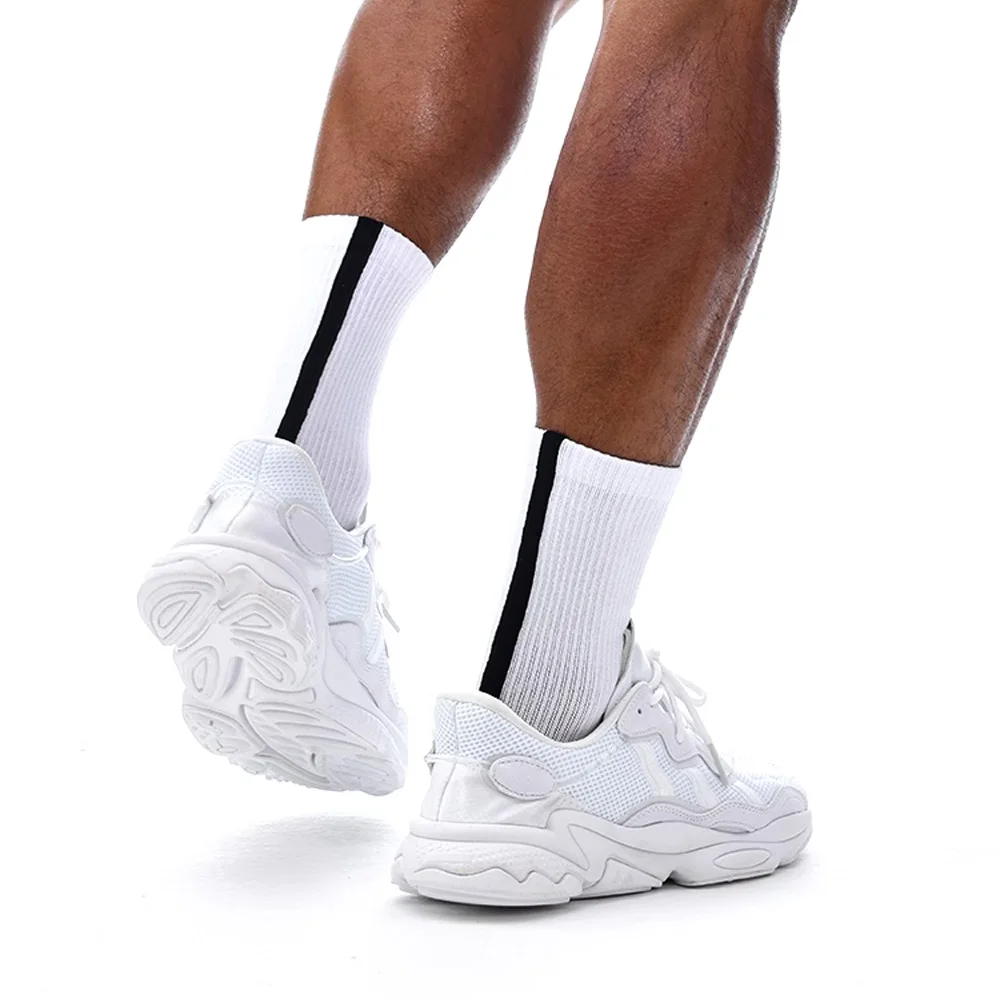 Chaussettes de sport en fibre de lyJean-à rayures verticales pour hommes, grandes chaussettes en coton astronomique, tête cousue à la main, blanc et noir