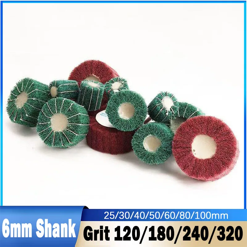 1Pcs 6mm Shank Non-woven Flap Sanding Wheel Fiber Abrasive Scouring Pad Polishing For Metal Cleaning Head Grit120/180/240/320