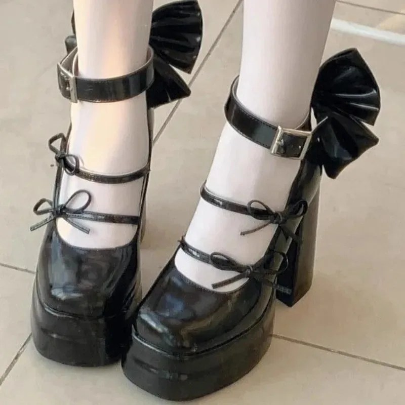 

Женские туфли Мэри Джейн из высококачественной лакированной кожи на платформе с высоким каблуком, с милым бантом, в стиле Лолита, на толстой подошве