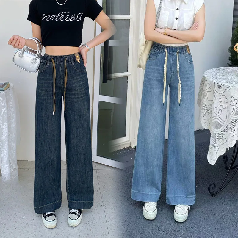

Loose Women's Elastic Waist Jeans Baggy Wide Leg Pants Vintage Tied Large Size Denim Shorts Summer 2025 Fitted Crease