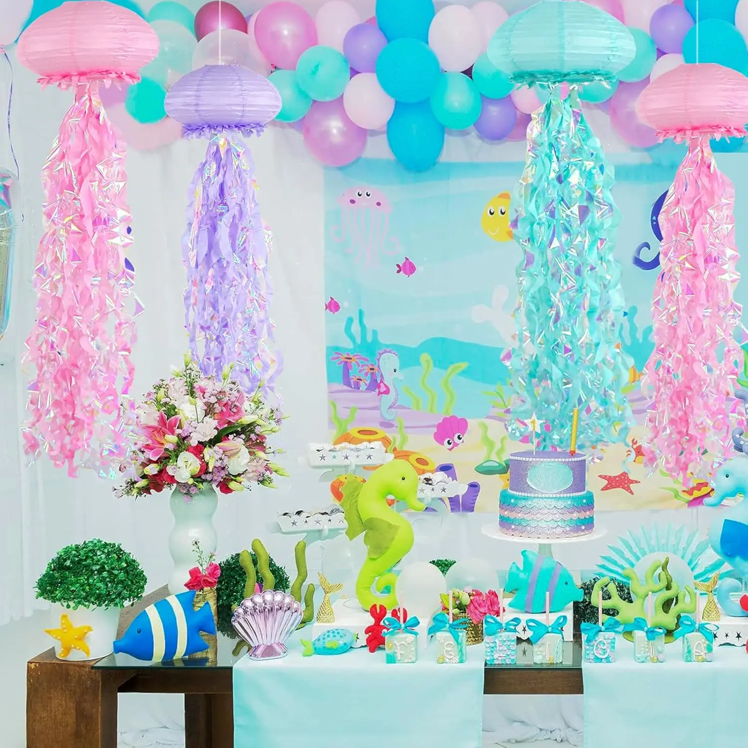 6PCS Hanging Jelly Fish Paper Lanterns, Gradient Colorful Paper Lanterns for Mermaid Theme Party Under The Sea Ocean Decorations