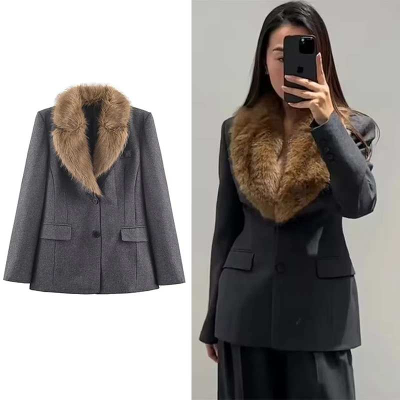 

Women's Blazer Jacket Chic Fashion Faux Fur Lapel Single-Breasted Slim Blazers Coat Female Autumn Winter New Outerwears