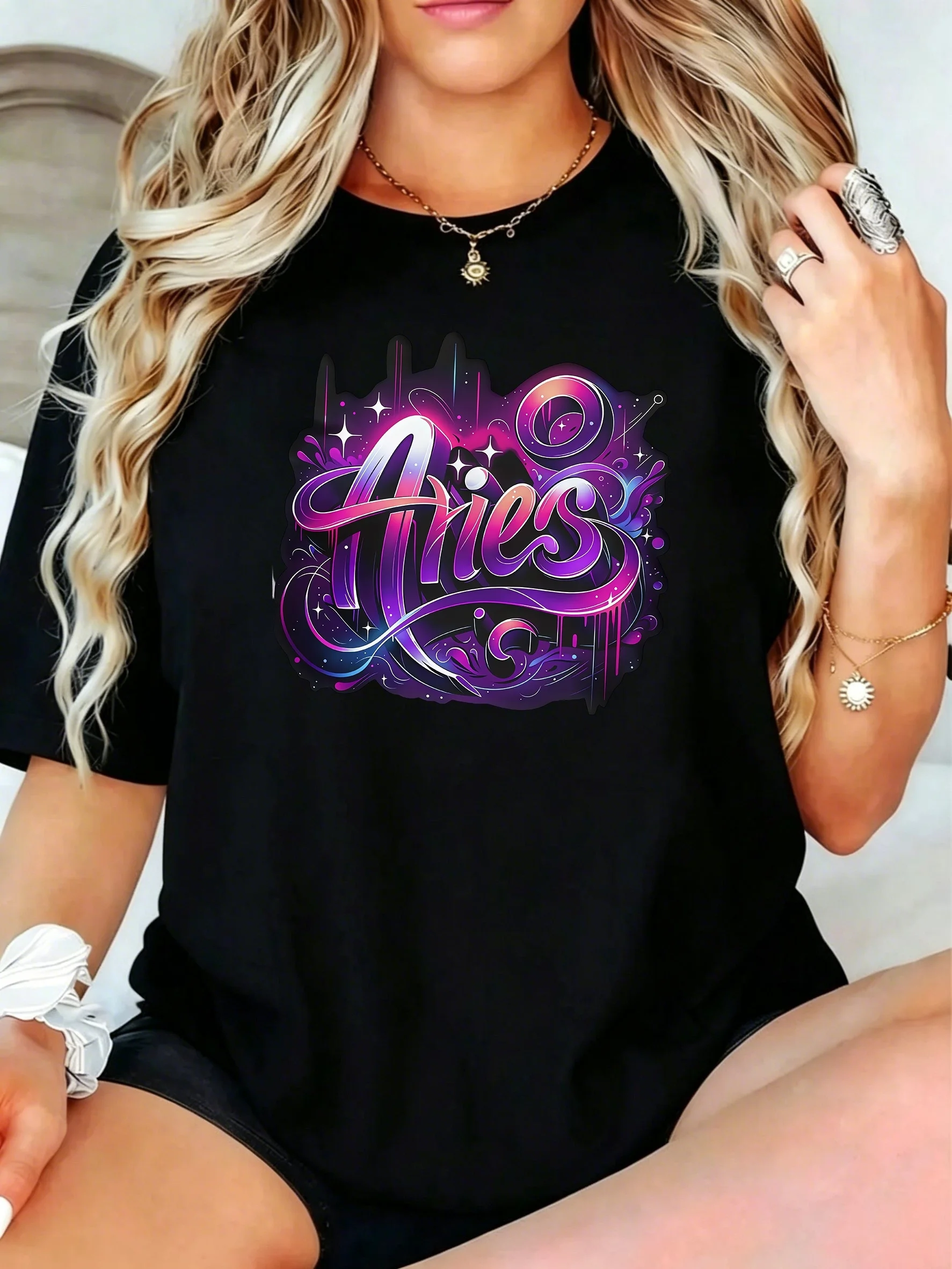 1Pcs Plus Size Women T-Shirt, Aries Zodiac Sign Cosmic Design with Stars and Galaxy Background Shirt, Loose Type Shirt for Women