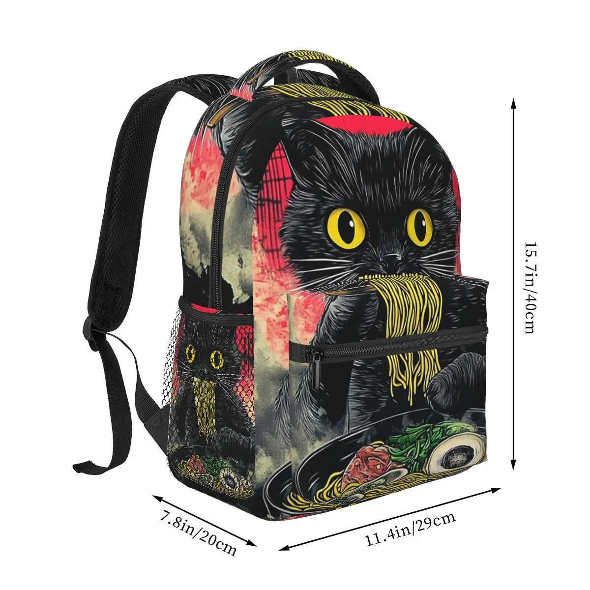 Black Cat Eating Noodles Ramen Backpack Student Boys Girls BookBag Kids School Bag Computer Shoulder Bags for Men Women