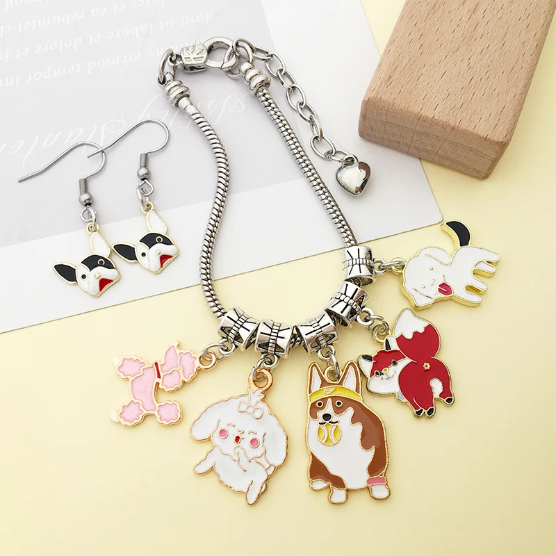 10pcs/Lot Cute Delicate Dog Corgi Enamel Charm Mix26pcs Animal Pendant Necklaces Earrings DIY Jewelry Making Craft Accessories