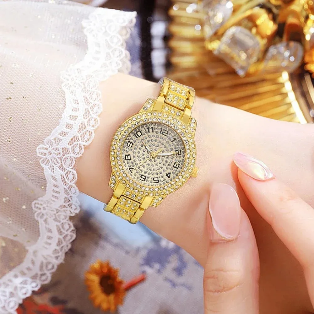 Luxury Women Gold Watch Fashion Ladies Quartz Diamond Wristwatch Elegant Female Bracelet Watches Set Reloj Mujer