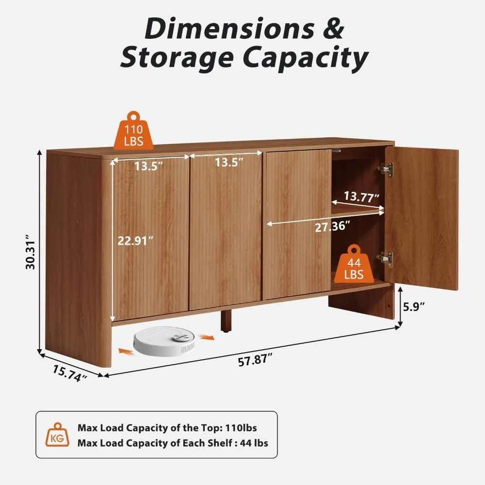 Fluted Sideboard Storage Cabinet with Doors and Shelves, Buffet Cabinet with Storage, Credenza Storage Cabinet for Kitchen