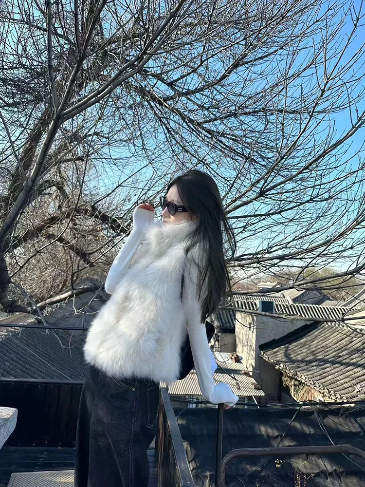 

Зимний толстый жилет из лисьего меха для женщин Y2K, модная уличная одежда, свободная укороченная куртка с воротником-стойкой, корейская универсальная шуба без рукавов, новинка