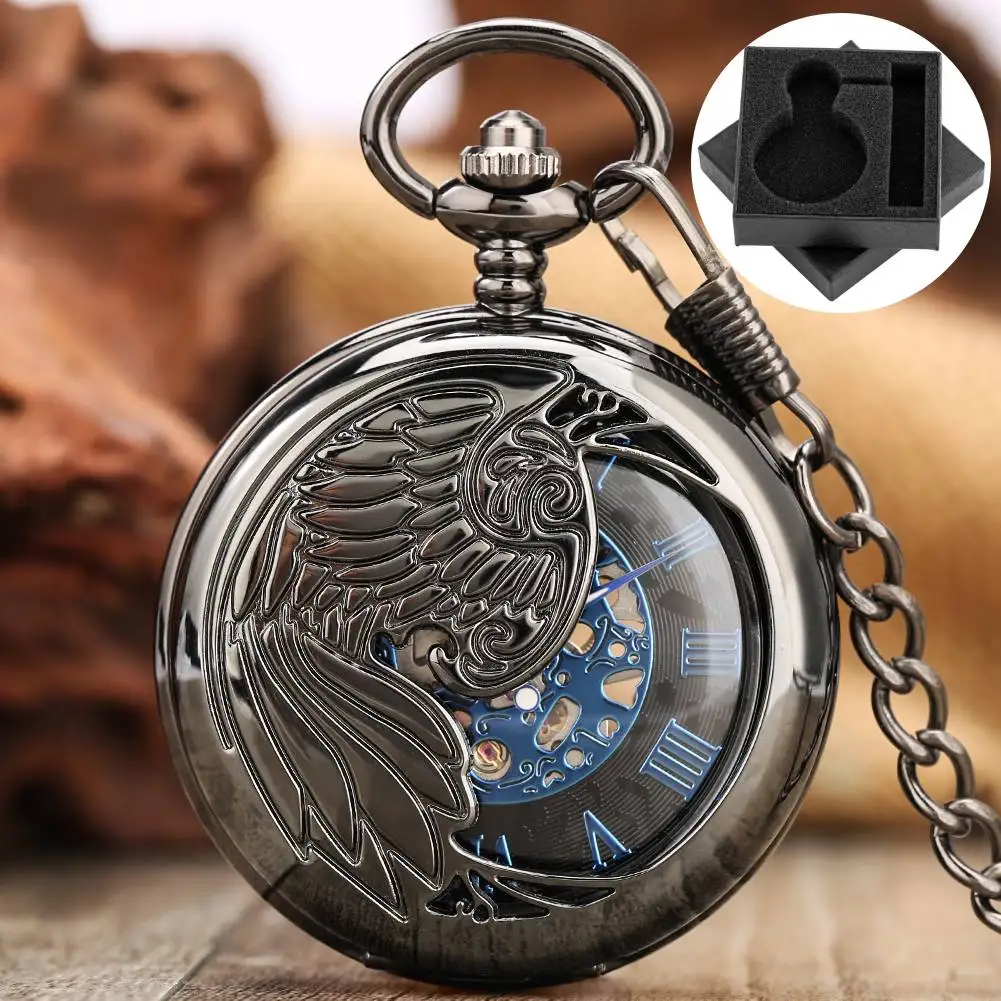

Мужские механические карманные часы с ручным заводом, черные/бронзовые/серебристые полуохотники с узором Феникса, брелок-цепочка, кулон, часы, подарок