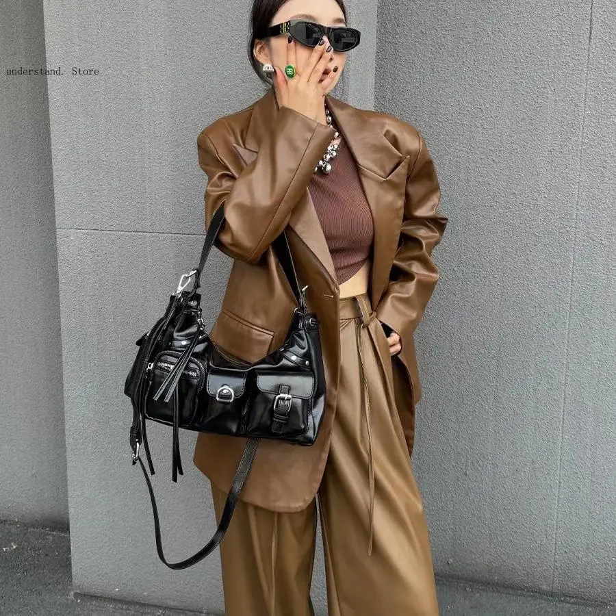 Soft Pu Leather Women Handbags Long Tassel Shoulder Bags Retro Female Vintage Rivet Multiple Pockets Motorcycle Bag