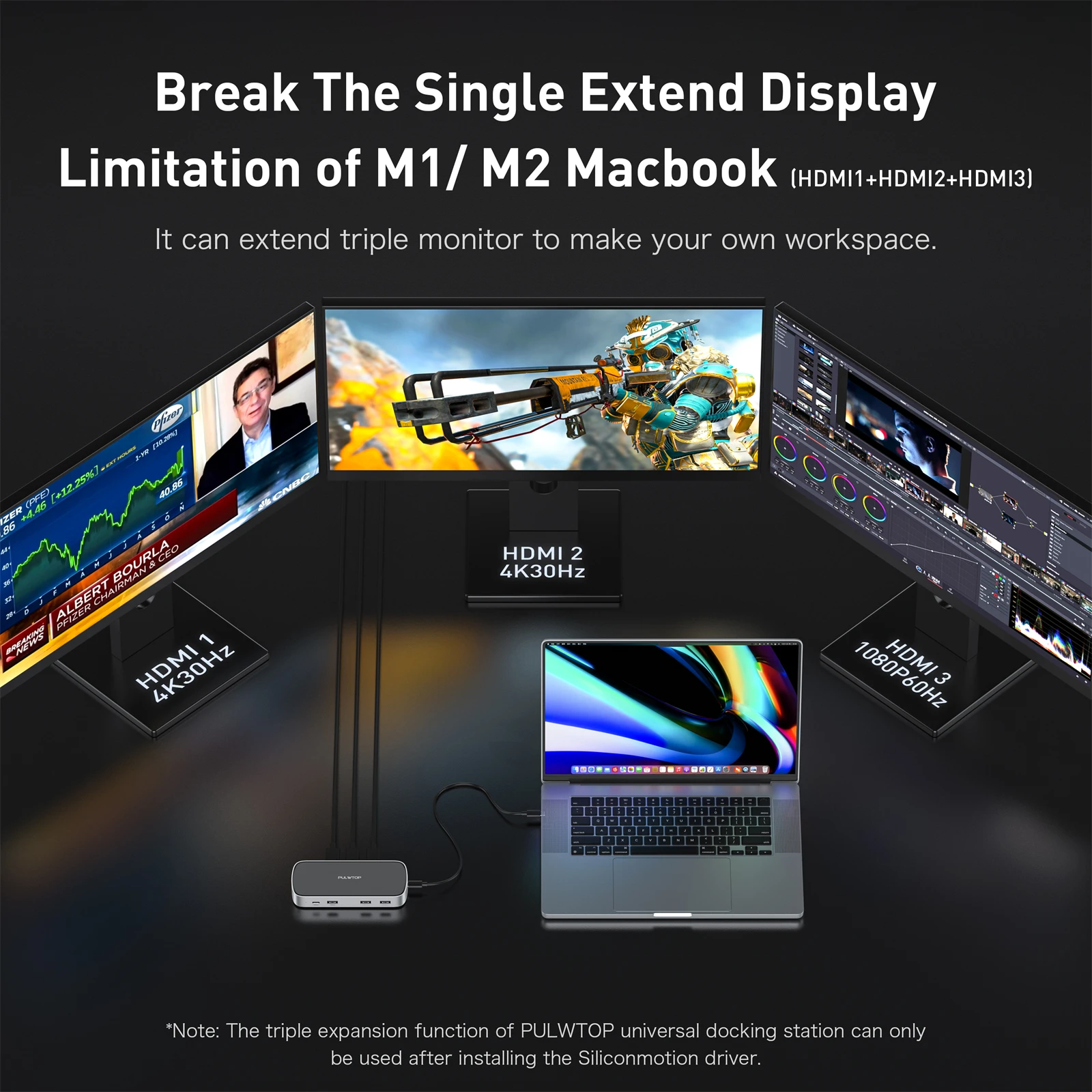 PULWTOP Triple Display USB C Docking Station With 65W Power Adapter, Docking Station for Macbook M1/M2/M3/M4/M5 macOS/Windows