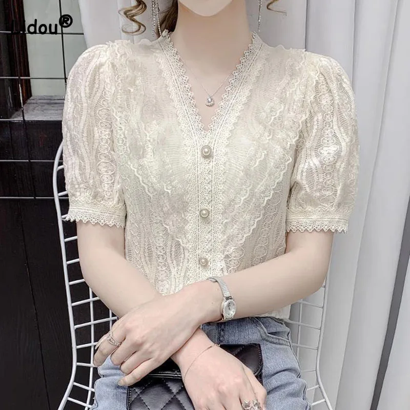 Summer Elegant Female V-Neck Short Sleeve Lace Blouse Commute Solid Color Fashion Button Spliced Slim Shirt Women's Clothing