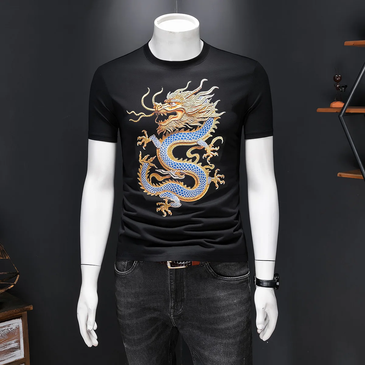 Silky Cotton Luxury T Shirt For Men Short Sleeve Rhinestone Dragon Summer Quality Soft Comfortable Easy Care Camisetas De Hombre