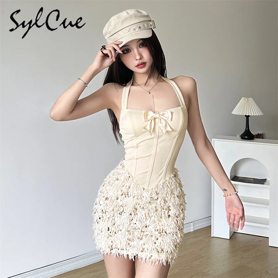 Sylcue Apricot Sweet Gentle Cute Playful Mature Sexy Beautiful Party Queen Intellectual Elegant Women'S Patchwork Halter Dress