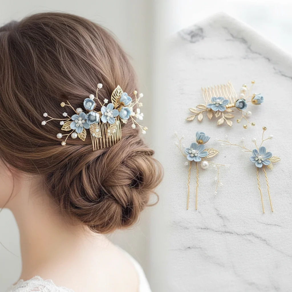 Romantic Bride Hair Jewelry Blue Flower Hair Combs Headdress Prom Bridal Wedding Hair Accessories Gold Leaves Hair Jewelry Pins