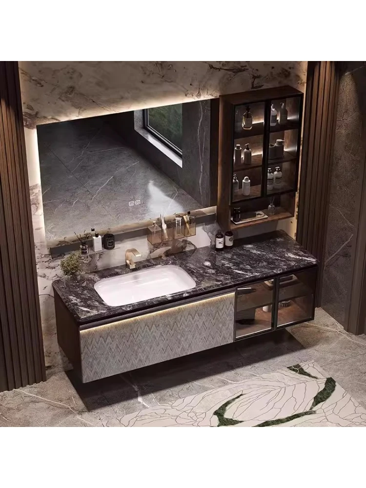 

Corian integrated basin bathroom cabinet combination luxury stone rock slab seamless ceramic basin washstand Italian hotel style