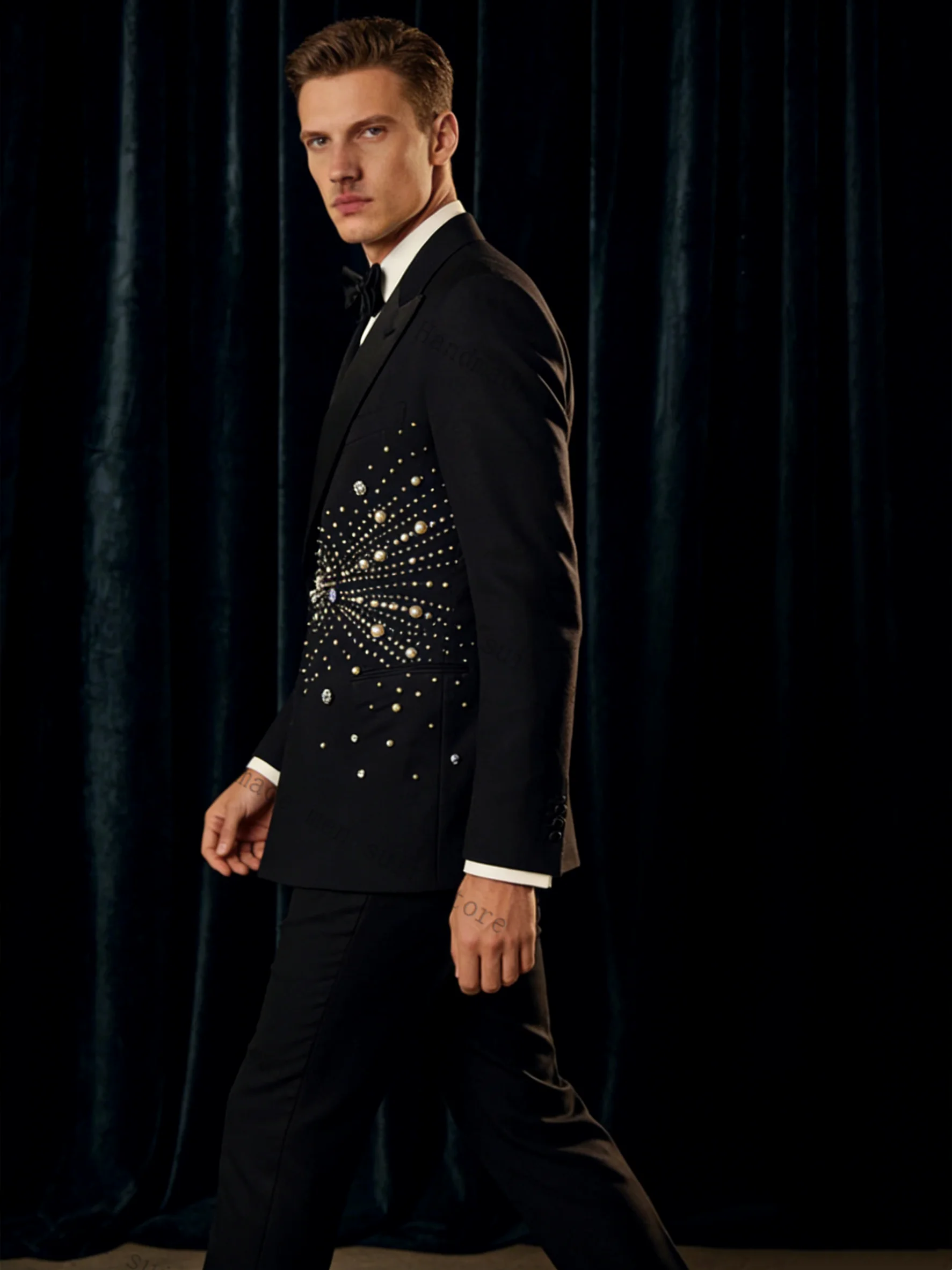 

Crystals Stone Men Suit Set 2 Piece Blazer+Pants Spring Cotton Prom Wedding Tuxedos Coat Customized Formal Office Fashion Jacket