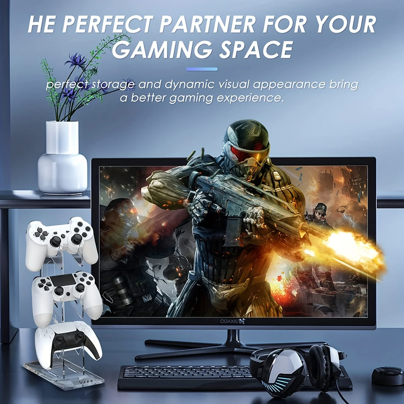 حامل وحدة تحكم عالمي مكون من 3 طبقات وحامل سماعة الرأس ملحقات ألعاب لحامل تخزين PS5 PS4 باللون الأسود والأبيض والشفاف