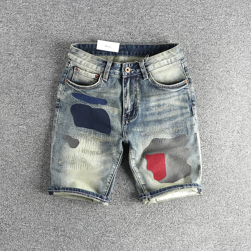 

Summer Heavyweight Embroidery High Street Retro Denim Shorts Men's Slim Fit Versatile Handsome Half Jeans Pants Vintage 24ss Y2k